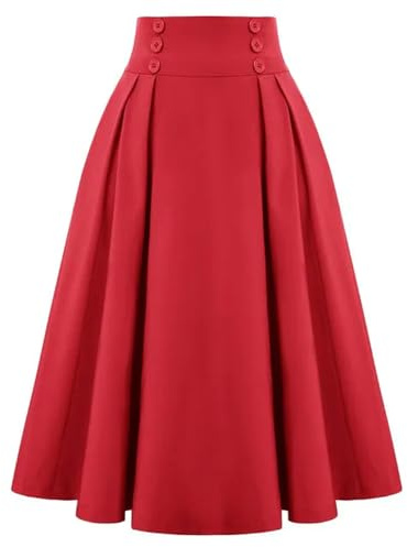 Jupe mi-Longue à Carreaux pour Femmes, Vintage, Taille Haute, plissée, avec Poches, élégante, évasée, Ligne A, Taille élastique, Rouge, XL