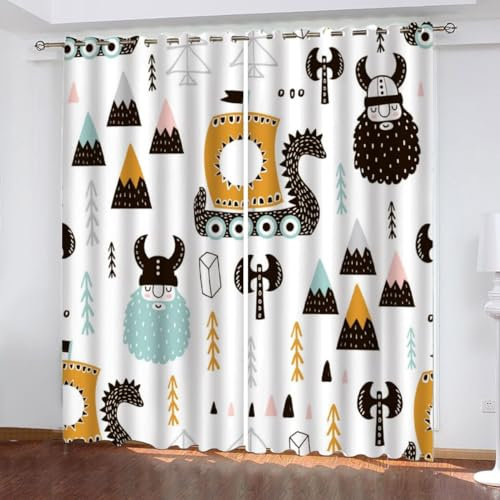 MEVASA Cartoon-Pirat Vorhänge mit Ösen 2er Set 3D Boho-Stil Vorhänge Abdunkelnd Polyester für Jugendzimmer Schlafzimmer Wohnzimmer Wohnkultur Vorhänge 200 x 200 cm BxH