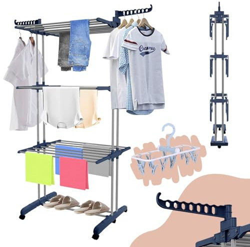 Coastech Wäscheturm - Klappbare Füße, Seitenflügel, Wetterfest, Stabile Räder - Platzsparend, Einfach zu Bewegen, Für Innen und Außen - Wäscheleine, Trockner, Wäschekorb, Ständer, Wäsche (Dunkelblau)