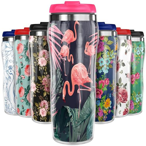Pixly® Flamingo and Tropical Flowers Thermal Travel Mug Coffee Tea Flask, 400ml/14oz Capacity, Flower, Floral Pattern - Flamingo Paradise