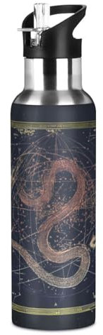 Wzzzsun Joli Serpent du Zodiaque Spatial Isotherme Bouteille d'eau avec Paille, Gourde Sport en Acier Inoxydable 600ML Gourdes sans BPA pour Enfant Garçon Fille École Bureau