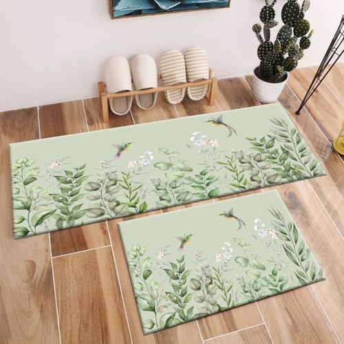 LB Eukalyptus-Küchenmatten für Bodenkissen, Anti-Ermüdung, Küchenmatte, Kolibri auf Salbeigrün, Küchenteppich-Set, rutschfest, waschbar, Küchen-Bodenmatte, 61 x 40,6 cm + 119,4 x 40,6 cm