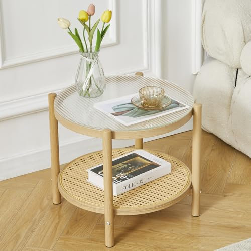 COSVALVE Boho Rattan Coffee Table, Round Glass Metal End Table, Modern Simple 2 Tier side Table for Sofa Bed Side Small Space Living Room Bedroom Office Meeting Room