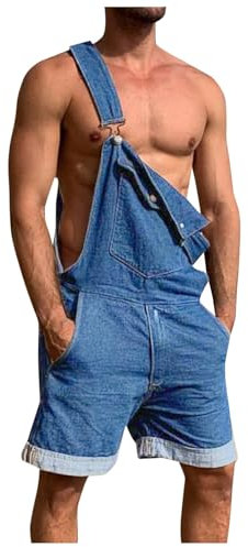 YOSUWOAI Jeans Salopette da uomo in denim, vestibilità normale, estiva, corta, con tasche multiple, da uomo, casual, da lavoro, con spalline regolabili, pantaloni in jeans, O blu., L