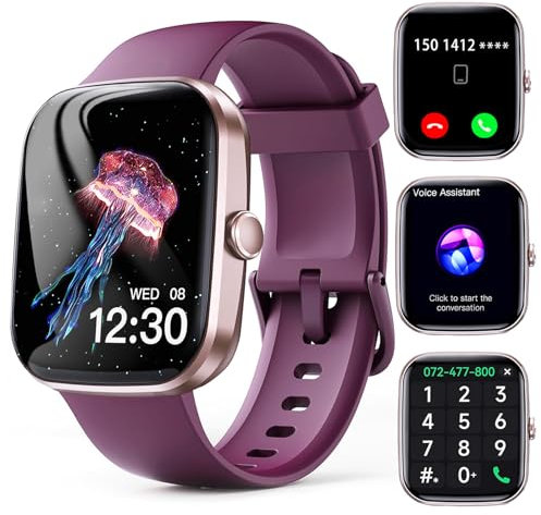 LOYEWAIER Smartwatch Frauen mit Telefonfunktion 1,96 Zoll HD Damen Smart Watch Outdoor Wasserdicht Sport Fitness Tracker mit Herzfrequenz Schlaf Monitor Traubenrot Silikon Smartwatch für Android iOS
