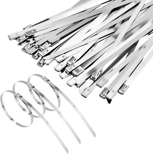 52 bridas de acero inoxidable, 30 cm x 4,6 mm, bridas de metal inoxidable, plateadas de acero inoxidable para gestión de cables, protección contra el calor, tubos de escape