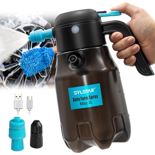 SYLSTAR Spruzzatore Schiuma 2L, 7.4V Spruzzatore Elettrico Pompa Irroratrice a Batteria, 4,2 Bar Spruzzatore a Pressione, 2 Ugelli per Lavaggio Auto, Detailing Auto (Schiuma/Getto d'Acqua)