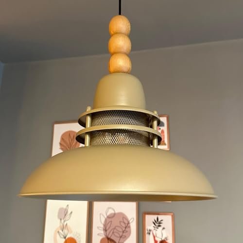 bamyum Torchia Hängelampe Esstich Holz Ø34 cm, Pendelleuchte Vintage, Hängelampe Industrial aus Metall und Holz E27, Wohnzimmerlampe Hängend Vintage, Wohnzimmer, Küchenlampe Beige