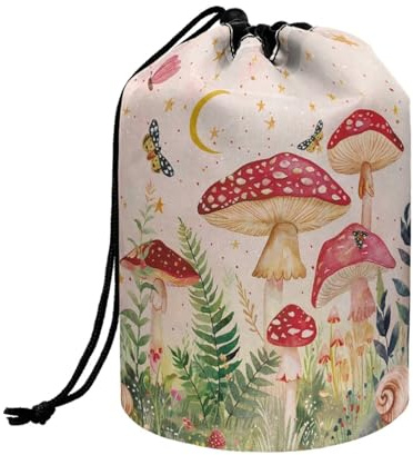 Wnbucioht Mushroom Drawstring Cosmetic Bag for Women Travel Toiletries Bags Portable Drawstring Wash Bag Butterfly Mushroom Print Barrel Makeup Pouch Large Capacity Open Flat Toiletry Bag