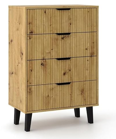CDF Kommode mit 4 Schubladen für Wohnzimmer Schlafzimmer Flur – Modernes Design mit gerillten Fronten – Viel Stauraum – Sideboard mit Schubladen – Eiche Artisan Scandi 3S Slim