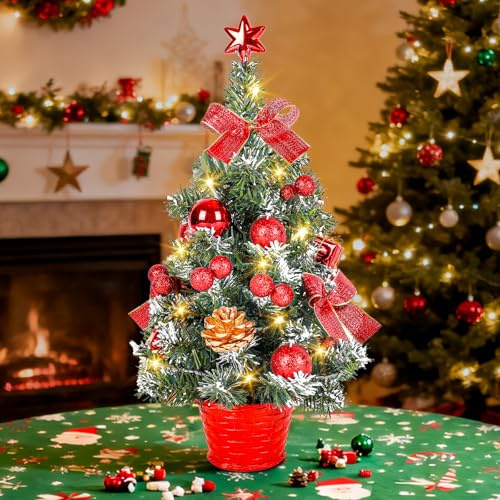 Albero di Natale da Tavolo 45 cm con Luci Led Bianco Caldo, Decorato con Stella Puntale e Palline, a Batteria - Albero Già Pronto per Natale per Casa Ufficio Bar, Alberi di Natale Artificiali Rosa