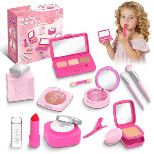 Vattikam Kinderschminke Spielzeug Mädchen, Unechte Schminke Set mit Lippenstift, Spiegel, Pinseln & Haarklammer, Spielzeug Geschenke Geburtstag Weihnachten für Kleine Prinzessinnen ab 3 Jahren (Rosa)