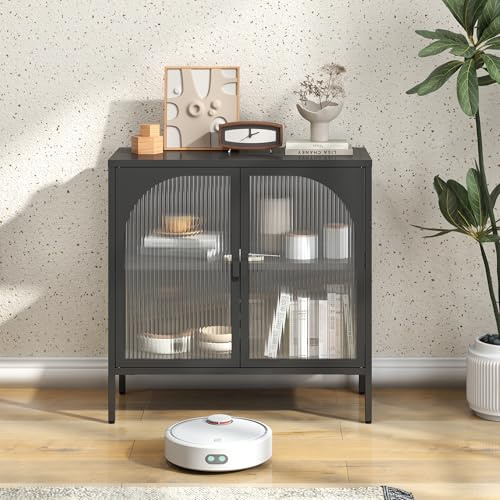 LLGWGL Sideboard-Wohnzimmer Kommode Sideboard-Schmal - Moderner Metall Glas Aufbewahrungsschrank Buffet Schrank mit 2 Glastüren verstellbarem Regal für Küche Flur Schlafzimmer,Schwarz