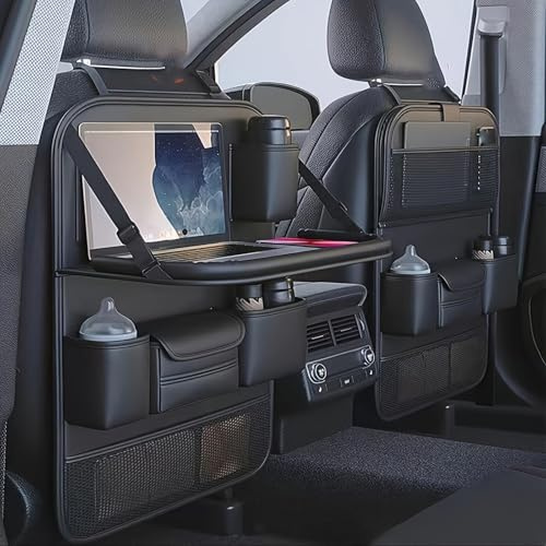 2 Pack Leather Car Backseat Organizer with Foldable Table Tray, Car Storage Organizer with Tablet Holder, Car Seat Back Protectors Kick Mats Travel Accessories, Universal Fit for Most Cars (Black)