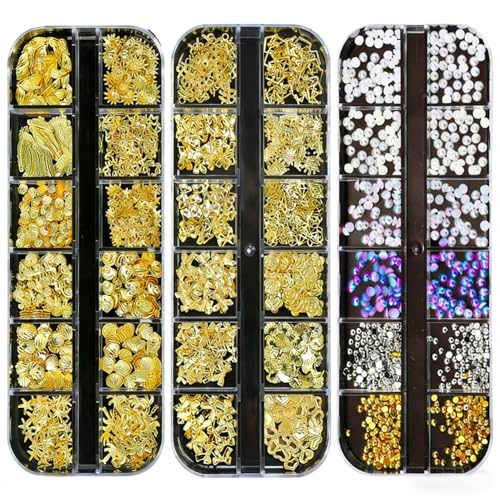 FooYee 3 Boxes 3D Nail Charms, Ocean Style Butterfly And Shell Rhinestones, Metal Nail Art Gems, multi-shape nail charms 3D Flatback Gems For DIY Nails