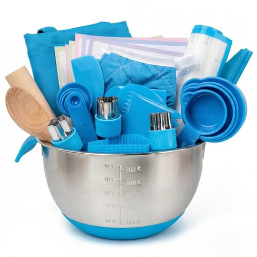 53-teiliges Kinder Backset & Küchenset mit Kochmütze, Kochschürze, Blau | Vollständiges Spielset für Kinder ab 3 Jahren mit Kochmütze, Kochschürze und Backzubehör für Backen und Kochen.