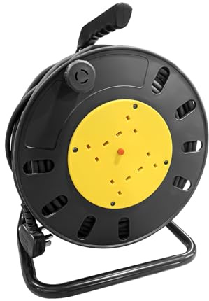 15M Outdoor Extension Lead with Bracket, Medium Extension Lead Reel with 4 Socket, Portable Wind-Up Power Retractable Cord Reel for Garden Lawn Mower Office