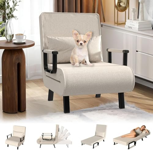 YLGJ&TIDY Sillón Cama 1 Plaza Plegable 3 en 1, Sofá Cama Individual Convertible con Respaldo Ajustable en 6 Posiciones, Poltrona Multifuncional Sillon Cama para Sala, Dormitorio y Oficina (Beige)