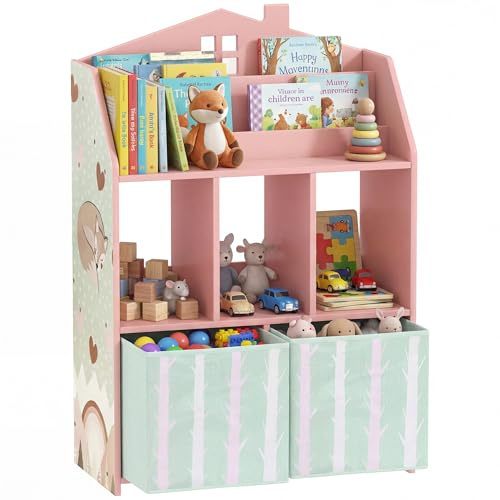 AIYAPLAY Scaffale Portagiochi Bambini 2 Contenitori 62.5x30x91.5cm Rosa | Libreria Montessoriana Per Bambini, Contenitori Rimovibili in Tessuto, Ripiani, Mobile Porta Giocattoli per Cameretta