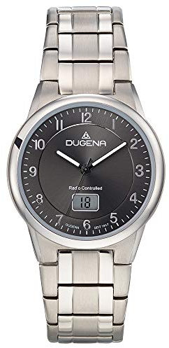 DUGENA Herren-Armbanduhr 4460835 Gent, Funk, Quarz, schwarzes Zifferblatt, Titangehäuse, Saphirglas, Titanarmband, Drückerfaltschließe, 5 bar