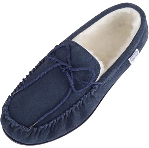 Snugrugs Mokassins Unisex-Hausschuhe aus Lammwolle mit Fester Sohle braun, Blau - Marineblau - Größe: 42 EU