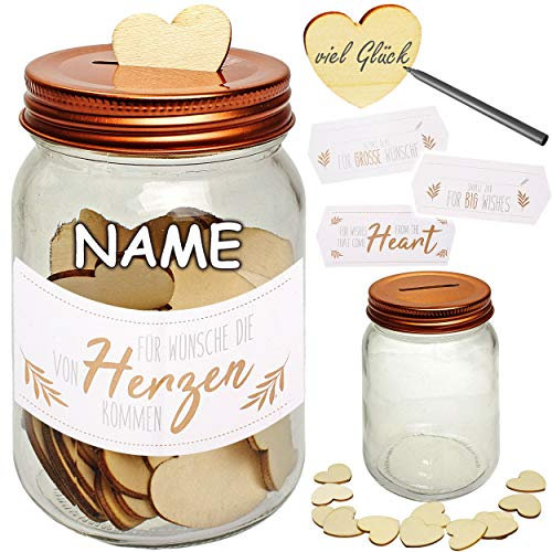 alles-meine.de GmbH Wunschglas - Wunscherfüller/Gästebuch/Erinnerungsalbum/Spardose - je 60 Holz - Herzen im Glas - inkl. Name - für Erinnerungen + Wünsche - Eintragen - H..