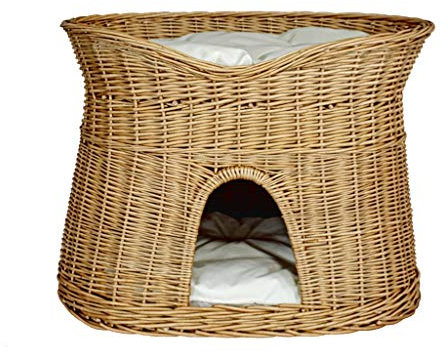 Katzenkorb zum Schlafen – Katzenhütte Indoor – Größe L: 60 cm oval – Katzenhöhle aus Weide – Zweistöckiger Hunde – oder Katzenbett mit waschbaren Kissen in Ecru – Natürliche Korbfarbe