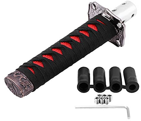 Kuuleyn Schaltknauf, universeller japanischer Schwert-Schalthebelknopfschalter mit 4 Adaptern Schwarz + Rot für die meisten Schaltgetriebe und Automatikgetriebe