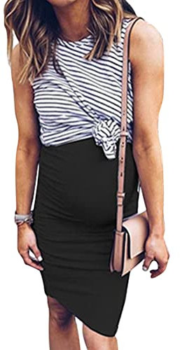 shownicer Femmes Enceintes VêTements De Maternité Manches Courtes Robe Moulante Sexy Solide Ajusté Et Robe Grossesse Ete Noir XL