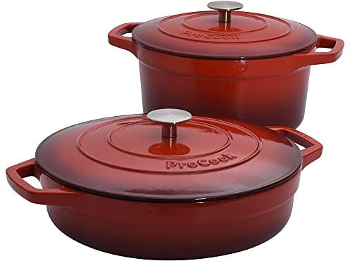 ProCook Red Cast Iron Casserole Dish Set with Self Basting Lids Induction & Oven Safe Modern Cookware - 2 Piece, 24/28 cm, 3.9/4.7 L