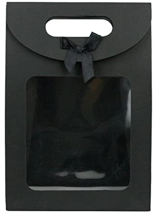 Emartbuy Lot de 24 sacs cadeaux solides en papier kraft noir avec fenêtre transparente et nœud 26 x 19 x 9 cm