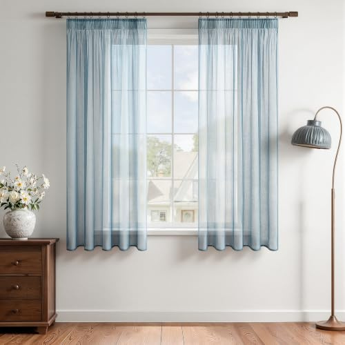 MRTREES Gardinen mit Kräuselband Stores Gardinen Dunkelblau kurz transparent 160X140cm (HXB) Schlaufenschals 2er Set Vorhänge in Leinenoptik für Wohnzimmer Schlafzimmer Mädchen Jugend Curtains