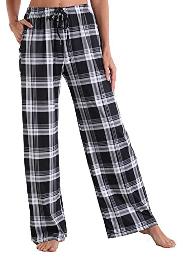 X-Image Pantalon de pyjama décontracté confortable pour femme avec poches et cordon de serrage, carreaux noirs et blancs, taille L, Motif à carreaux noir et blanc, L