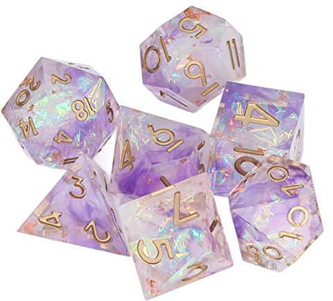 Polyhedral Dice Set, 7pcs DND Dice Set, Table Gaming Dice with Storage Box Resin Sharp Edges Table Gaming Dices for Dungeons Dragon Game, RPG Role Playing Game (Purple Blue)