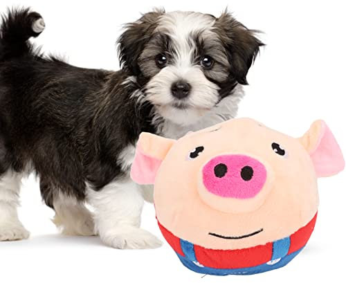 Upgrade Interactive Pet Bouncing Ball - USB Rechargeable Electronic Plush Dog Toy, Washable Cartoon Pig With Sound for Puppy