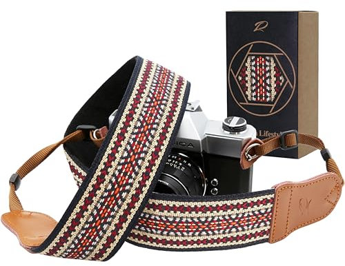 Padwa Lifestyle Speed Red Embroidered Camera Strap - 2 Wide Cowhide Head, Embroidered Cotton Woven Vintage Camera Straps,Universal Neck & Shoulder Strap for All DSLR Cameras and Photographers