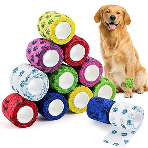 Encuryna Selbsthaftender Verband Hund, 12 Rollen Selbstklebende Bandage, Elastisch Pfotenschutz Kohäsive Haftbandage, Tierarzt Bandage für Menschen Haustiere Hunde Katzen Pferde (5 cm x 4,5 m)