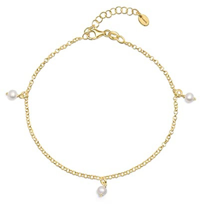 Amberta Chaîne de Cheville avec Perle en Argent Sterling 925 pour Femme: 4-5 mm 4-5 mm Bracelet de Cheville avec Perles Fines en Or 25 cm