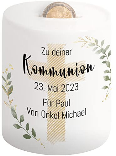 Elegante Spardose „Zu deiner Kommunion“ personalisiert mit Datum & Wunschtext - Sparbüchse für Mädchen & Jungen - Gastgeschenk Kommunion - Spardose personalisiert mit Namen