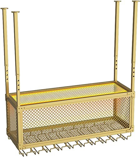 Hängendes Weinregal – höhenverstellbares hängendes Weinglasregal, Decken-Weinflaschenhalter mit Glashalter und Lichtern, industrielles Deckenregal für Bar, Café, Küche