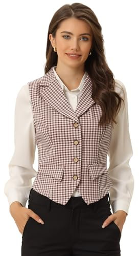 Allegra K Damen Weste Elegant Vintage Karierte Anzugweste Einreihig Reverskragen Ärmellos Westen Rosa L