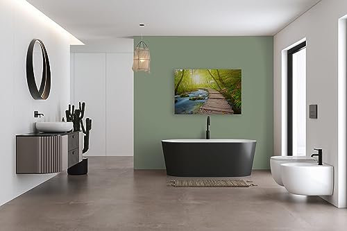 A.S. Création Leinwandbild Fluss mit Steg im Wald bei Sonnenaufgang - Kunstdruck Blau Braun Grün - 120x80 cm Querformat - Moderne Wanddekoration Schlafzimmer Wohnzimmer - Bild auf Keilrahmen