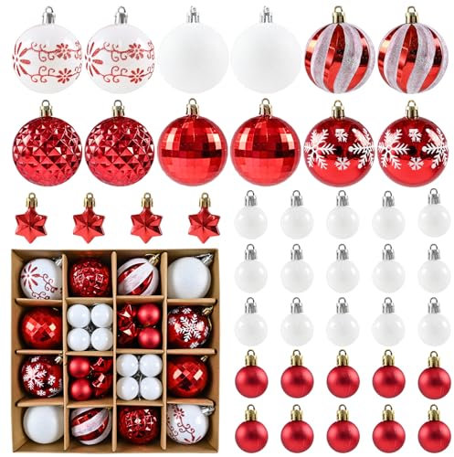 Weihnachtskugel Ornamente, 44 Stück Weihnachten Ornamente für Weihnachtsbaum Dekorationen, Rot Weiß Bruchsichere Anhänger Ornamente Weihnachtsdeko für Weihnachten und Winterfeier Dekoration