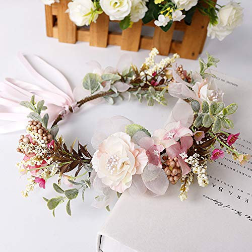 Blumenkranz Haare Haarkranz Blumen Haarreif, Blumenmädchen Stirnbänder Kopfschmuck Floral Girlande Blumenstirnband Verstellbarer Gürtel für Hochzeit Zeremonie Party Festival,Hell-Pink