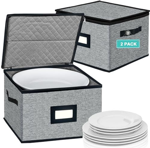 Homyfort China Storage Containers - Dinner Plate Storage with Lid, Handles, Hard Shell Dinnerware Protectors for Moving Bowls, Saucer, Padded Protective Storage, 12x12, 2 Pack