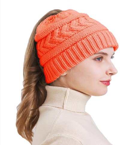 PFFY Ponytail Warm Winter Knit Beanie Hat Skull Cap Beanies for Women Men, Orange (Pferdeschwanz), Einheitsgr��e