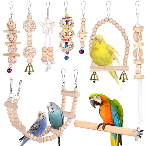 Vogelspielzeug, Vegena 9er Set Vögel Holzleiter Spielzeug mit Landeplatz Vogelkäfig Zubehör für Wellensittich Papageien Graupapageien Nymphensittiche Finken Sittiche Aras Kakadus