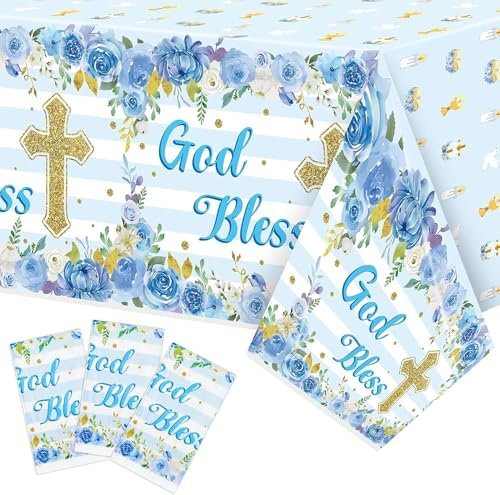 Haooryx 3-Pakete Blaue Babyjungen Taufe Party Tischdecken Dekorationen Blumen Wegwerf Plastik Wasserdicht Rechteckige Gott Segne Tischabdeckung Jungen Baby Erste Kommunion Party Favor Ausstattung