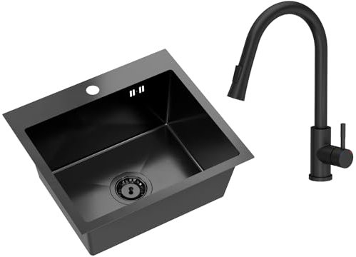 VBChome Lavello da Incasso in Acciaio Inox Con Rubinetto, 50 x 45 cm, Nero, Grande Lavandino, Sifone, Beccuccio