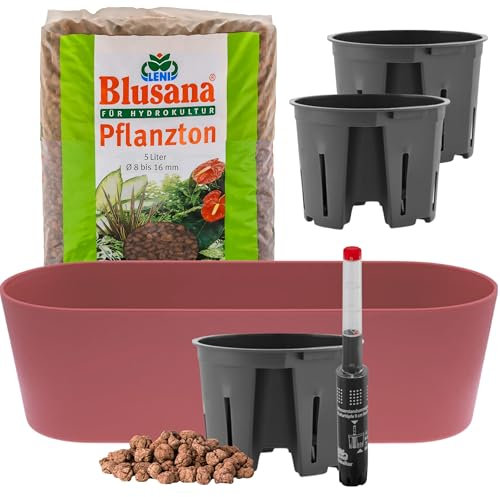Leni Flori Jardiniere (BROMBEER/violett rot) Blumentopf länglich 36cm Hydrokultur-Komplett-Set mit Übertopf Hydro Kulturtöpfen Wasserstandsanzeiger & Pflanzton
